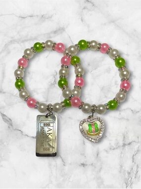 AKA Beaded Pink & Green Charm Bracelet Set